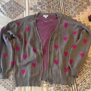 Crown & Ivy Gray Cardigan with Pink Hearts